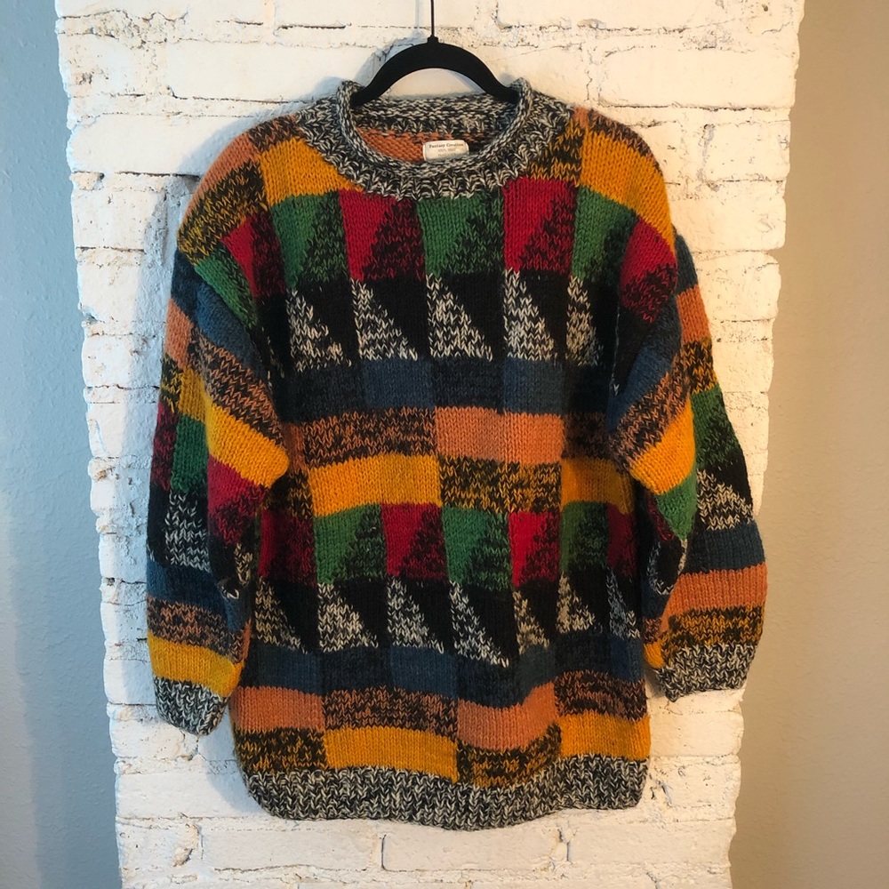 Vintage 100% Wool Handmade Chunky Knit Abstract Sweater